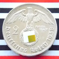 GERMAN COIN 2 REICHSMARK 1938 E SWASTIKA HINDENBURG SILVER 3RD REICH WW2 UNC MK