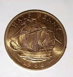 ENGLAND HALF PENNY 1966 TALL SHIP WW2 NEAR UNC CONDITION