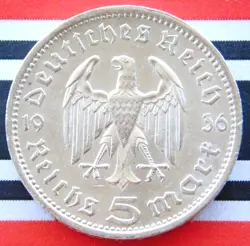 GERMAN 5 REICHSMARK 1936 A EAGLE HINDENBURG SILVER COIN 3RD REICH WW2 + UNC MARK