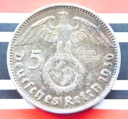 GERMAN 5 REICHSMARK 1936 J SWASTIKA HINDENBURG SILVER COIN 3RD REICH WW2 UNC MK