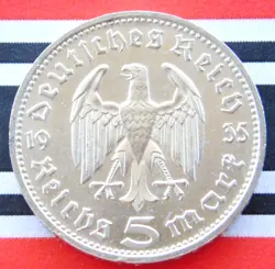 GERMAN 5 REICHSMARK 1935 D EAGLE HINDENBURG SILVER COIN 3RD REICH WW2 + UNC MARK