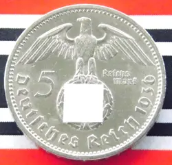 GERMAN 5 REICHSMARK 1936 A SWASTIKA HINDENBURG SILVER COIN 3RD WW2 MARK + UNC +