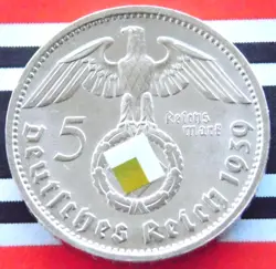 GERMAN 5 REICHSMARK 1939 D SWASTIKA HINDENBURG SILVER COIN 3RD WW2 MARK + UNC +