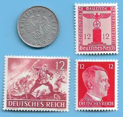 GERMANY WW2 1940 A 10RPF SWASTIKA COIN & HITLER SWASTIKA STAMP LOT WW2 ERA #90