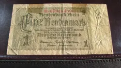 1937 GERMAN ONE RENTENMARK-PRE-WORLD WAR 2 -BANKNOTE CURRENCY-OLD TAPE ON NOTE