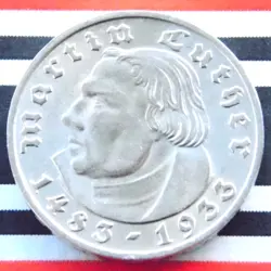 GERMAN 2 REICHSMARK 1933 F MARTIN LUTHER SILVER COIN 3RD REICH WW2 RARE MARK UNC