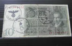 GERMAN 10 REICHSMARK BANKNOTE THIRD REICH WWII HAND STAMPED #82