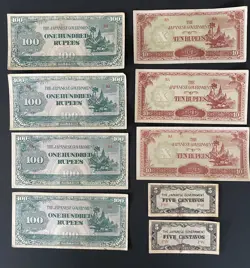 LOT OF 9 WW2 JAPANESE OCCUPATION BURMA & PHILIPPINES BANKNOTES