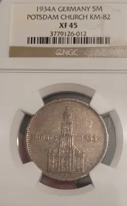 1934 A WW2 GERMAN NAZI 5 MARK POTSDAM CHURCH WITH DATE AND SWASTIKAS NGC XF45