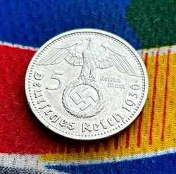 1936 D 5 MARK GERMAN WW2 SILVER COIN THIRD REICH REICHSMARK