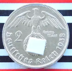 GERMAN 2 REICHSMARK 1938 F SWASTIKA HINDENBURG SILVER COIN 3RD REICH WW2 UNC MK
