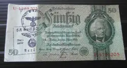 GERMAN 50 REICHSMARK BANKNOTE THIRD REICH WWII HAND STAMPED #91