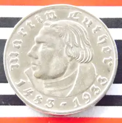 GERMAN 2 REICHSMARK 1933 J MARTIN LUTHER SILVER COIN 3RD REICH WW2 +RARE+ MARK