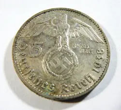 GERMANY 3RD REICH WW2 SILVER  1938 G 5 REICHSMARK  WITH SWASTIKA
