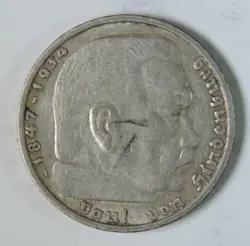 WWII 1935 A GERMANY THIRD REICH HINDENBURG FIVE 5 REICHSMARK MARK SILVER COIN