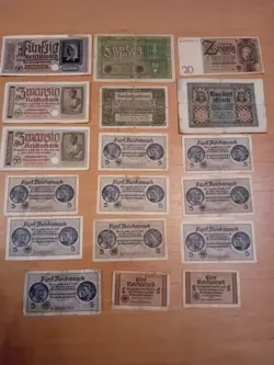 LOT NAZI GERMANY 3RD REICH 0.5,1,5,20,50 REICHSMARK BANKNOTES WW2,1 MONEY SET