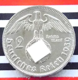 GERMAN 2 REICHSMARK 1939 J SWASTIKA HINDENBURG SILVER COIN 3RD REICH WW2 UNC MK