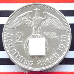GERMAN 2 REICHSMARK 1938 A SWASTIKA HINDENBURG SILVER COIN 3RD REICH WW2 UNC MK