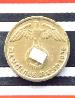 GERMAN COIN 1936 G 5 REICHSPFENNIG SWASTIKA BRASS 3RD REICH WW2 RARE PFENNIG RPF