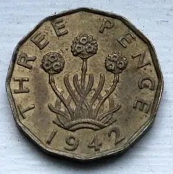 1942 GREAT BRITAIN BRASS 3 CENT CIRCULATED COIN WW2 DATE