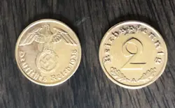 1939 J KARLSRUHE GOLD-PLATED 2 REICHSPFENNIG GERMANY DEUTSCHLAND WW2