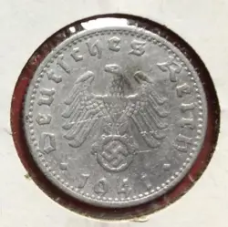 1941G GERMANY THIRD REICH SWASTIKA WORLD WAR 2! 50 PFENNIG! SWASTIKA! OLD COIN!