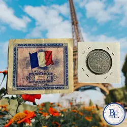 1944 FRANCE 2 FRANCS COIN + FRENCH 10 FRANCS  WW2 ALLIED MILITARY CURRENCY NOTE