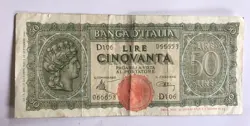 1944 ITALY REPLACEMENT NOTE 50 LIRE WWII WW2 WORLD WAR 2 CURRENCY MONEY PAPER