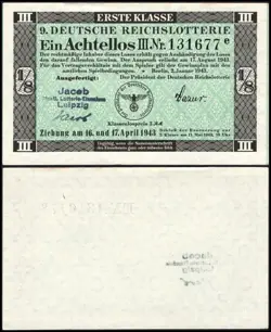 9. GERMANY 1/8 LOTTERY TICKET REICHSLOTTERIE 1943 - WW2 - SERIES: 131677E - #A31
