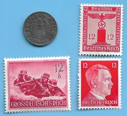 GERMANY WW2 1942 A 1 RPF SWASTIKA COIN & HITLER SWASTIKA STAMP LOT WW2 ERA #1