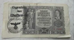 POLAND 20 ZLOTYCH, GERMAN OCCUPATION BANKNOTE THIRD REICH WWII HAND STAMPED 27