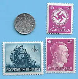 GERMANY WW2 1941 D 1 RPF SWASTIKA COIN & HITLER SWASTIKA STAMP LOT WW2 ERA #2