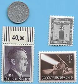 GERMANY WW2 1941 F 5 RPF SWASTIKA COIN & HITLER SWASTIKA STAMP LOT WW2 ERA #2