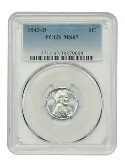 1943-D 1C PCGS MS67 - LINCOLN CENT (WHEAT REVERSE) - WW2 STEEL CENT