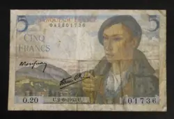 VINTAGE FRANCE 5 FRANCS 2=6=1943 - WW2 FRENCH STATE ERA -  BERGER BANKNOTE