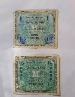 GERMAN 1/2 &  1 MARK BANKNOTES 1944-DEUTSCHLAND VF BLUE COLOR WW 2 FREE SHIP