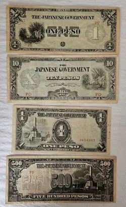 4 DIFFERENT WW2 JAPANESE GOVERNMENT ISSUED PESO NOTES - PHILIPPINES