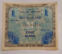 GERMAN 1 MARK BANKNOTE 1944-DEUTSCHLAND VF NICE BLUE COLOR WORLD WAR 2 FREE SHIP