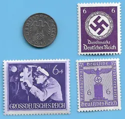 GERMANY WW2 1941 A 1 RPF SWASTIKA COIN & HITLER SWASTIKA STAMP LOT WW2 ERA #5