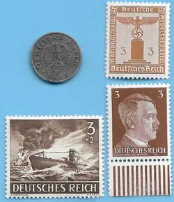 GERMANY WW2 1941 F 1 RPF SWASTIKA COIN & HITLER SWASTIKA STAMP LOT WW2 ERA #92