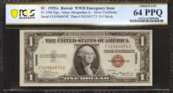 1935 A $1 SILVER CERTIFICATE FR.2300 HAWAII WW2 ISSUE F-C BLOCK PCGS 64 CU (670C