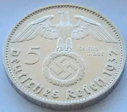 GERMAN COIN 5 REICHSMARK 1937 D SWASTIKA HINDENBURG SILVER 3RD REICH WW2 MARK BU