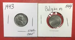 1943 US LINCOLN STEEL WW2 EMERGENCY CENT & 1944 BELGIUM 2 FRANCS! SAME PLANCHET!