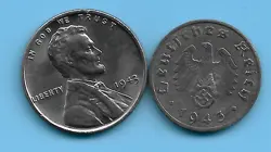 GERMAN 1943 B 1 RPF SWASTIKA COIN & US 1943 P 1 CENT STEEL PENNY LOT WW2 ERA #1