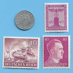 GERMANY 1941 D 1 RPF SWASTIKA COIN & HITLER SWASTIKA STAMP LOT  WW2 ERA #10
