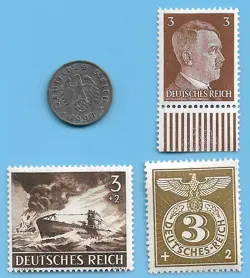 GERMANY WW2 1941 A 1 RPF SWASTIKA COIN & HITLER SWASTIKA STAMP LOT WW2 ERA #10