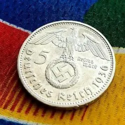 1936 G 5 MARK GERMAN WW2 SILVER COIN THIRD REICH  REICHSMARK AU