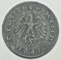 1941 D GERMAN 10 REICHSPFENNIG NAZI COIN WW2