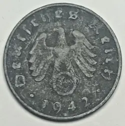 1942 D GERMAN REICHSPFENNIG NAZI COIN WW2