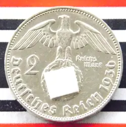 GERMAN 2 REICHSMARK 1936 J SWASTIKA SILVER COIN THIRD REICH WW2 +VERY RARE+ MARK